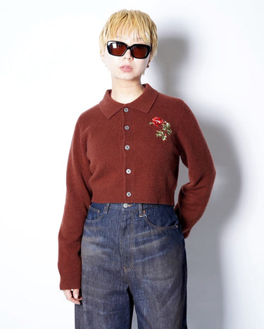 【VIVIANO】<br>Rose Hand Broderie Polo Cardigan with COLLAR