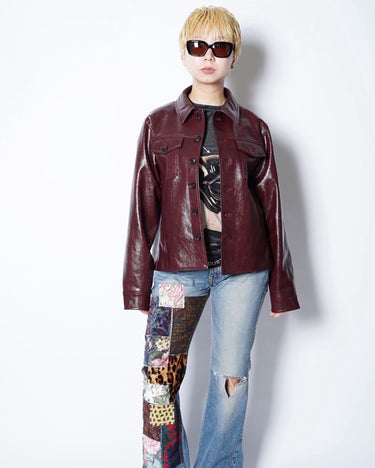 【VIVIANO】<br>Faux Leather Plis Creux Jacket