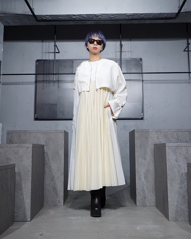 【PLAN C】<br>BICOLOR<br>LONG PLEATS DRESS<br>-WHITE/IVORY-