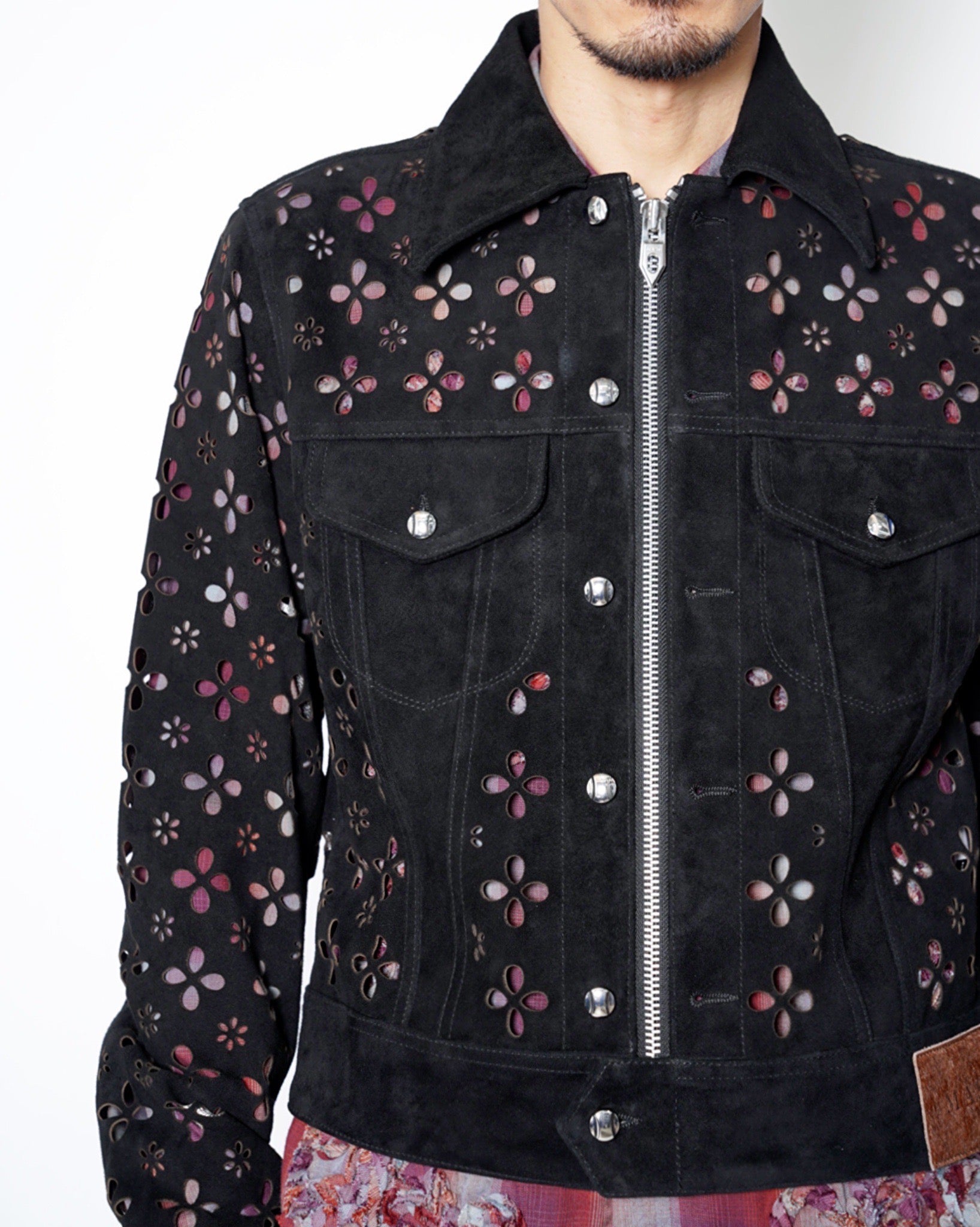 ジャケット・アウター MASU FLOWER-CUT LEATHER TRUCKER JACKET MASU（エムエーエスユー）の「FLOWER-CUT LEATHER TRUCKER