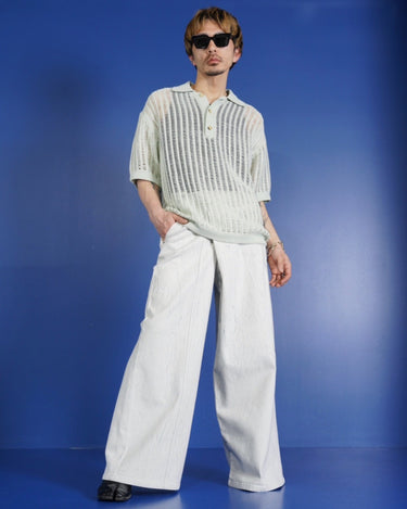 【Feng Chen Wang】<br>DENIM DECONSTRUCTION TEAL PAINTED PANTS