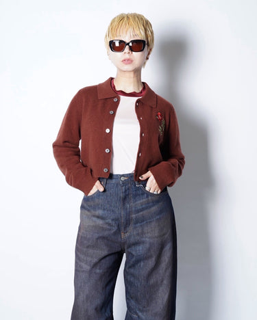 【VIVIANO】<br>Rose Hand Broderie Polo Cardigan with COLLAR