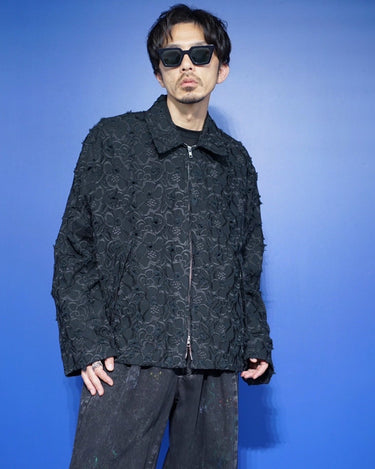 【SONG FOR THE MUTE】<br>PLEATED ZIP UP JACKET -DISTRESSED EMBROIDERED FLORAL-