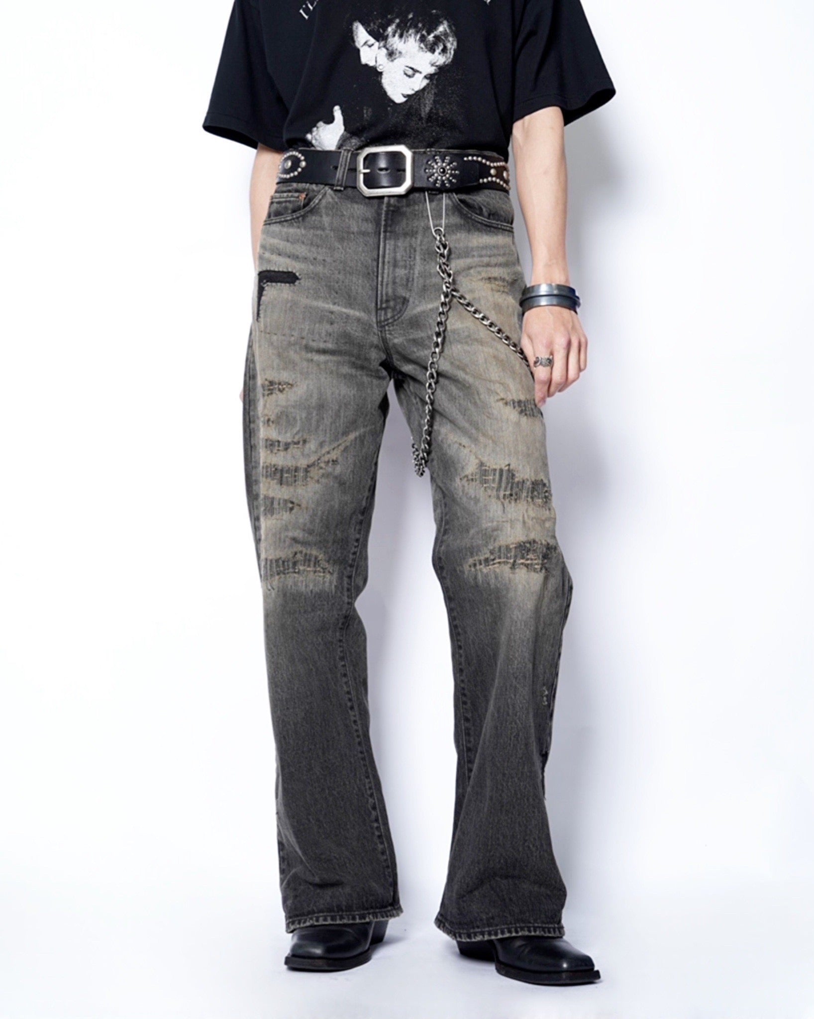 KAMIYA】BORO Bootcut Wide Denim Pants- Amanojak.
