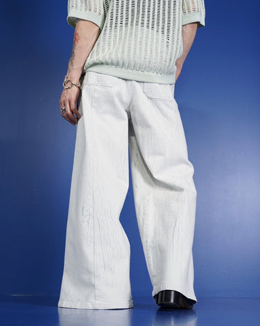 【Feng Chen Wang】<br>DENIM DECONSTRUCTION TEAL PAINTED PANTS
