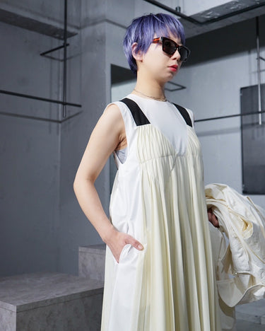 【PLAN C】<br>BICOLOR<br>LONG PLEATS DRESS<br>-WHITE/IVORY-