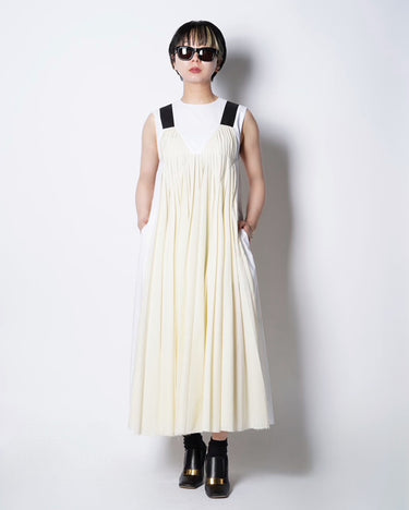 [Plan C]<br>Bicolor<br>Long Pleats Dress<br>-White/Ivory-