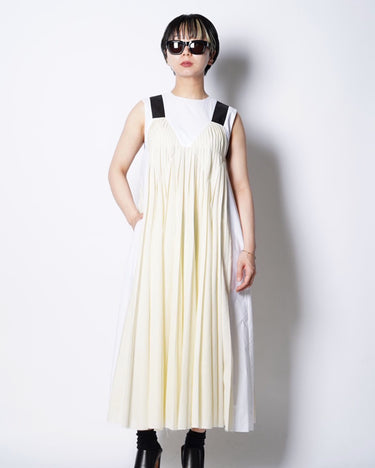[Plan C]<br>Bicolor<br>Long Pleats Dress<br>-White/Ivory-