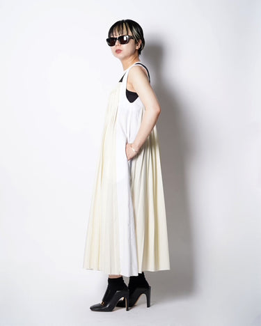 [Plan C]<br>Bicolor<br>Long Pleats Dress<br>-White/Ivory-